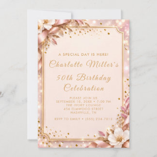 Convite de Aniversário de 50 anos em Dourado Rosa