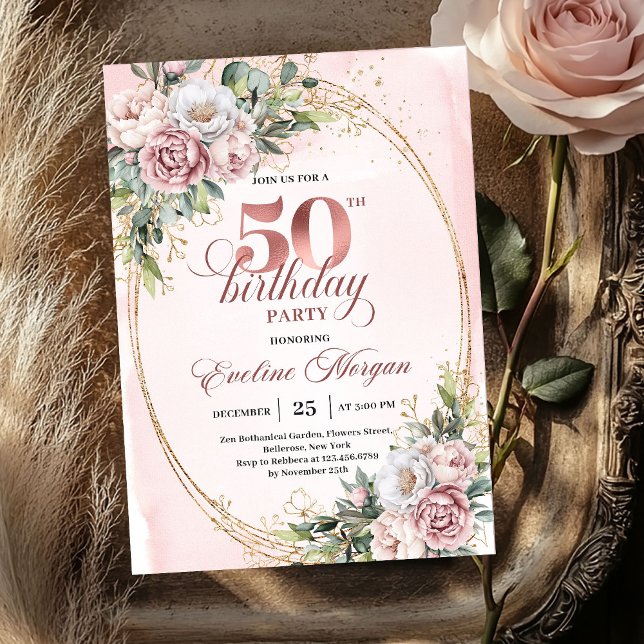 Convite de Aniversário de 50 anos em Rosa Dourado  (Premium Rose Gold Floral 50th Birthday Invitation)