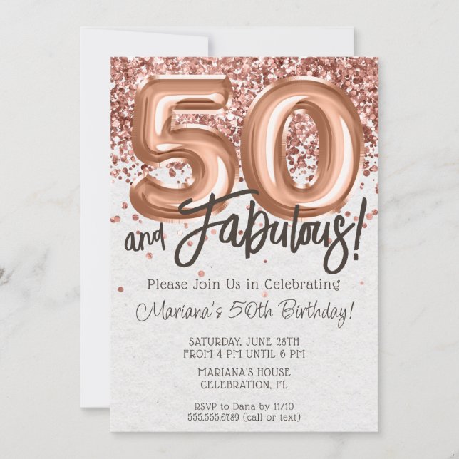 Convite de Aniversário de 50 anos em Rose Gold (Frente)