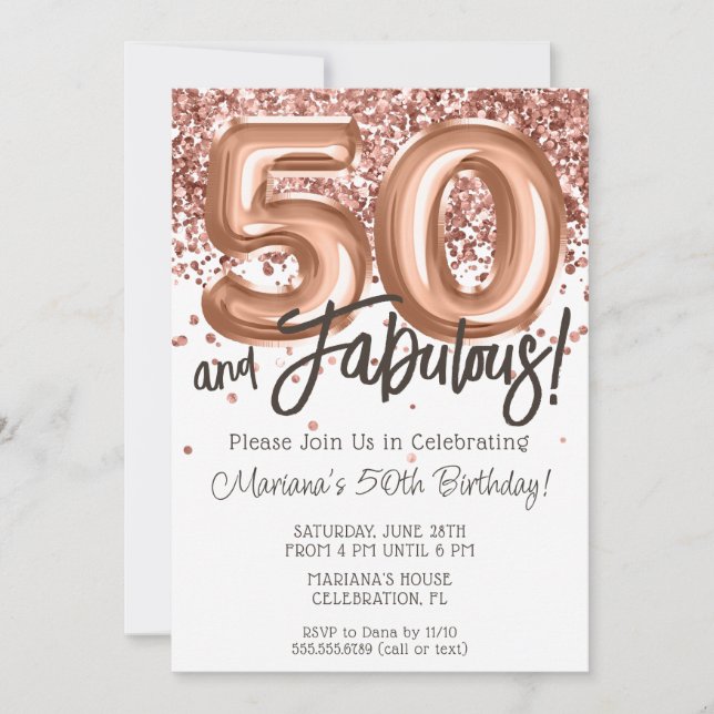 Convite de Aniversário de 50 anos em Rose Gold (Frente)