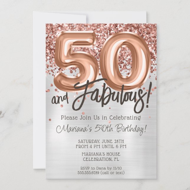 Convite de Aniversário de 50 anos em Rose Gold Sil (Frente)