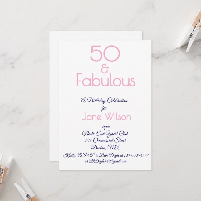 Convite de Aniversário de 50 anos Fabuloso em Rosa (Frente/Verso In Situ)