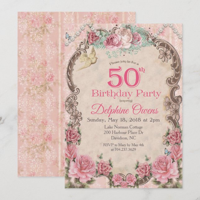 Convite de Aniversário de 50 anos Floral Vintage (Frente/Verso)