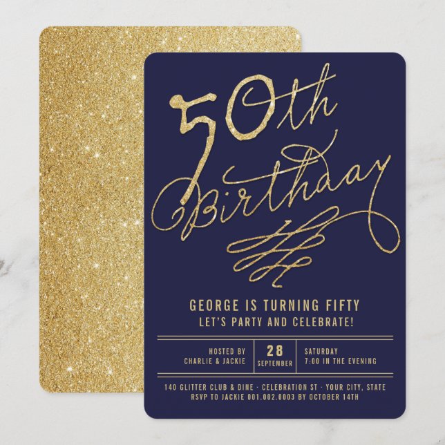 Convite de Aniversário de 50 Anos Glam Glitter Dou (Frente/Verso)