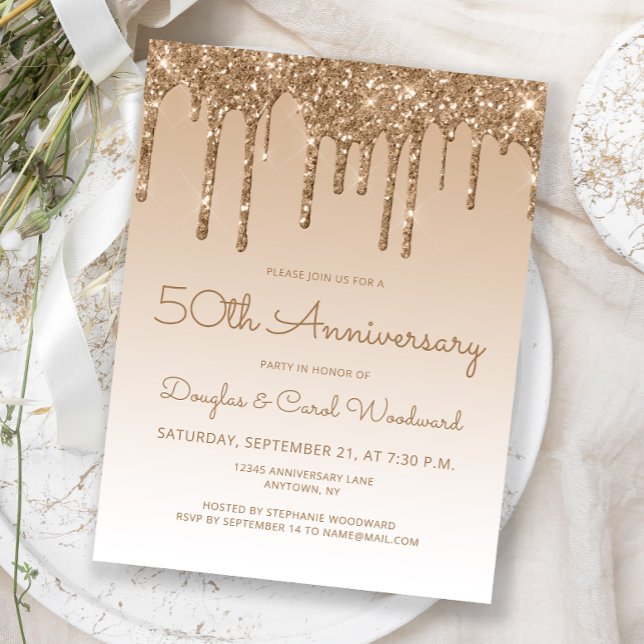 Convite de Aniversário de 50 anos Glitter Drip Gol (Criador carregado)