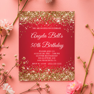 Convite de Aniversário de 50 anos Gold Glitter Red