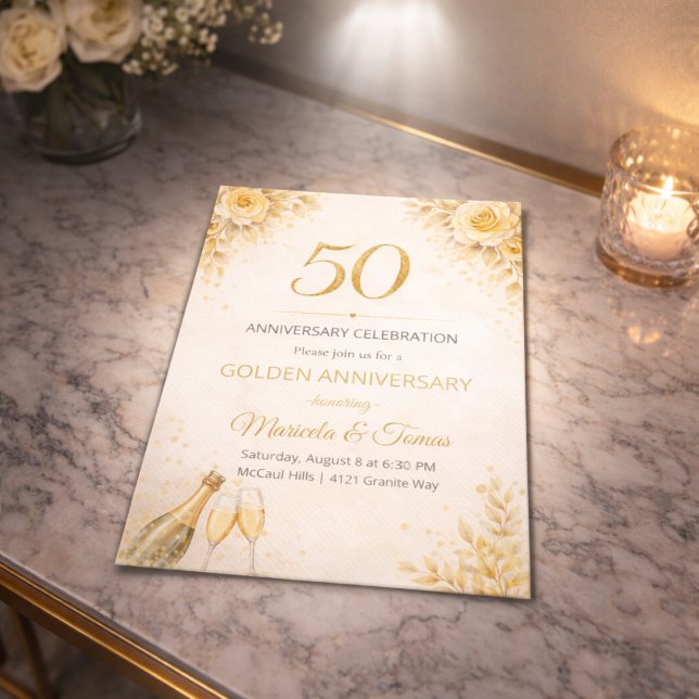 Convite de Aniversário de 50 anos Golden Floral (Golden floral 50th anniversary dinner invite with champagne tones and soft ivory roses)