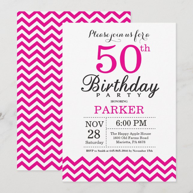 Convite de Aniversário de 50 anos Hot Pink Chevron (Frente/Verso)