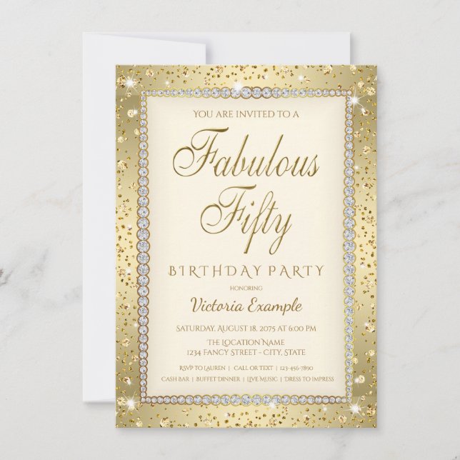 Convite de Aniversário de 50 anos Ivory Gold Diamo (Frente)