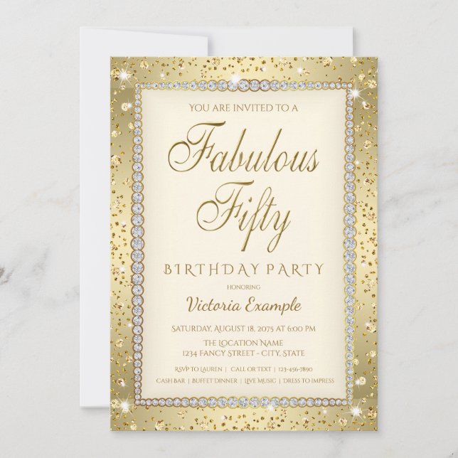 Convite de Aniversário de 50 anos Ivory Gold Fabul (Frente)