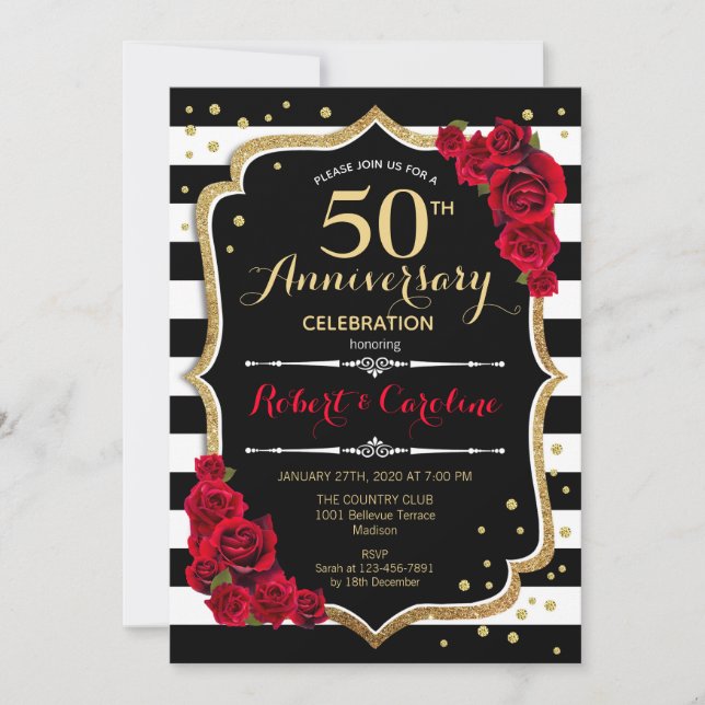 Convite de Aniversário de 50 anos Listras Pretas e (Frente)