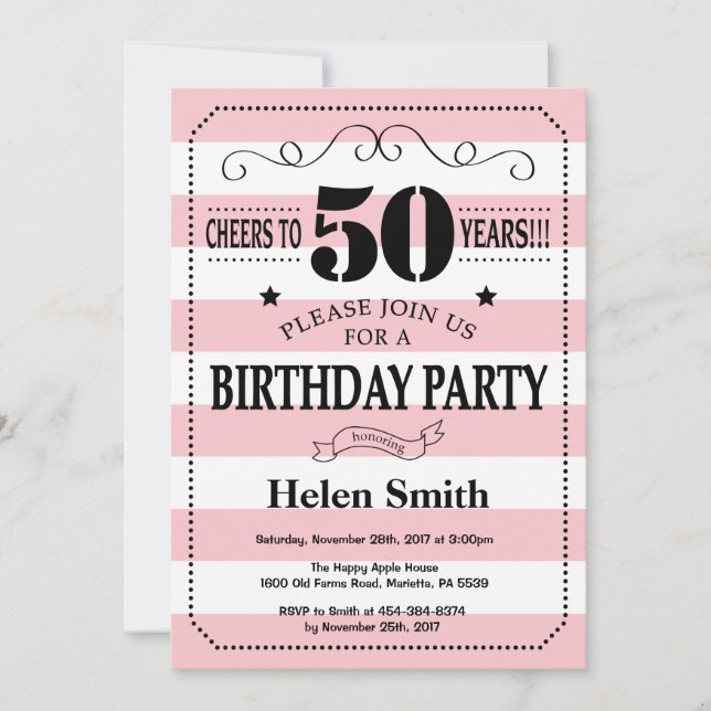 Convite de Aniversário de 50 anos Listras Rosa e B (Frente)
