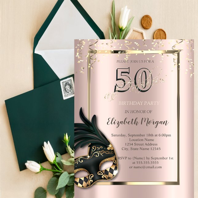 Convite de Aniversário de 50 Anos Masque Rose Gold (Criador carregado)