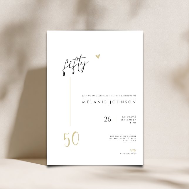 Convite de Aniversário de 50 anos Minimal Moderno (Minmalist Modern 50th birthday invitation with handwritten typography)