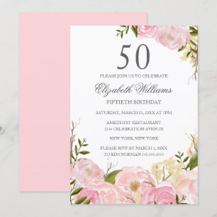 Convite de Aniversário de 50 anos Pink Blush Water