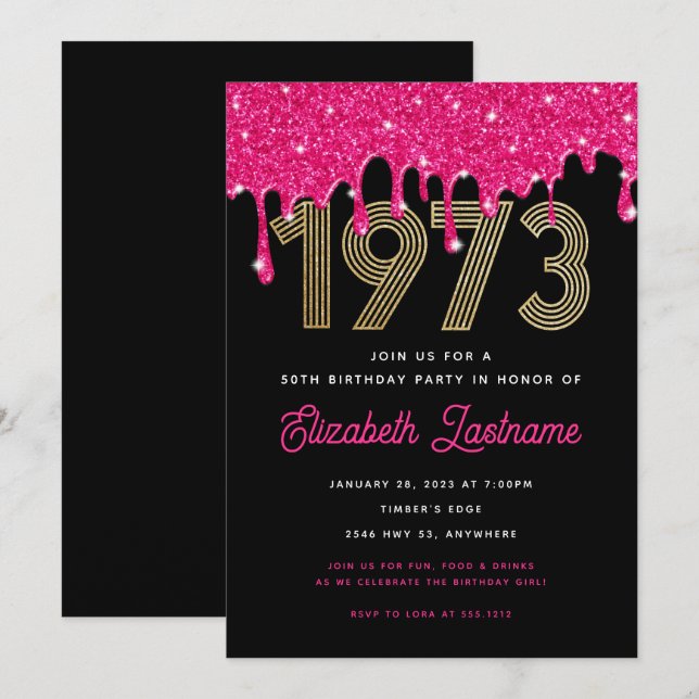Convite de Aniversário de 50 anos Pink Glitter Dri (Frente/Verso)