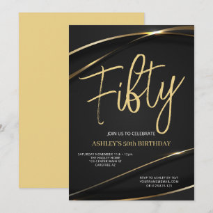 Convite de Aniversário de 50 anos Preto Dourado Mo