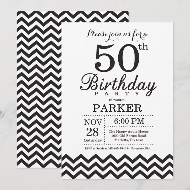 Convite de Aniversário de 50 anos Preto e Branco C (Frente/Verso)