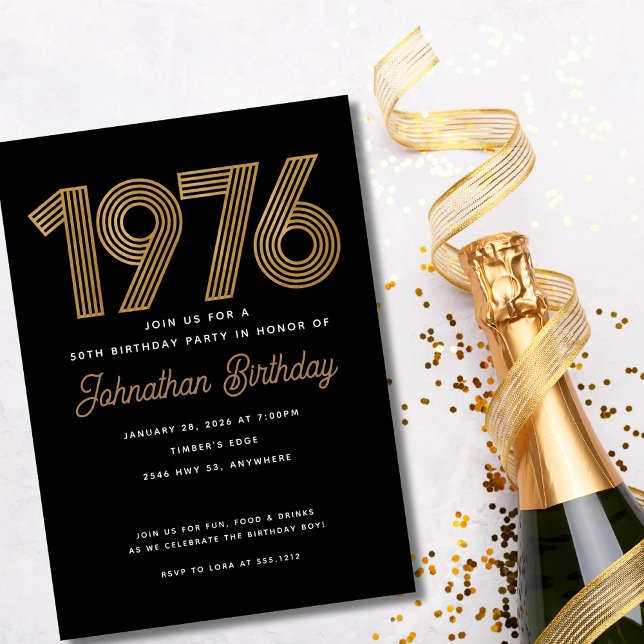 Convite de Aniversário de 50 anos Preto e Dourado  (1976 Black and Faux Gold 50th Birthday Invitation)