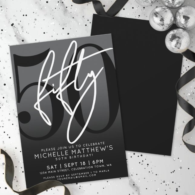 Convite de Aniversário de 50 Anos Preto Moderno (Modern Black 50th Birthday Party Invitation)