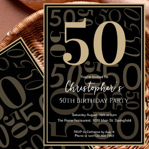 Convite de Aniversário de 50 anos Preto Ouro Moder