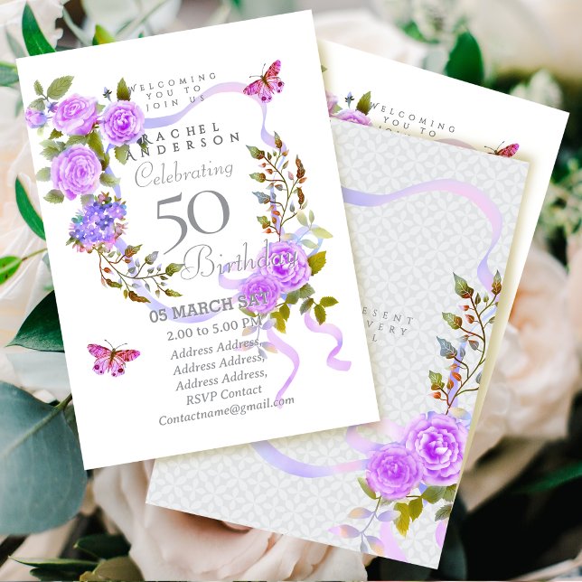 Convite de Aniversário de 50 anos Purple Rose Ribb (Purple Rose Ribbon 50th Birthday Invitation Card)