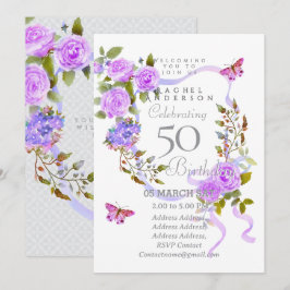 Convite de Aniversário de 50 anos Purple Rose Ribb