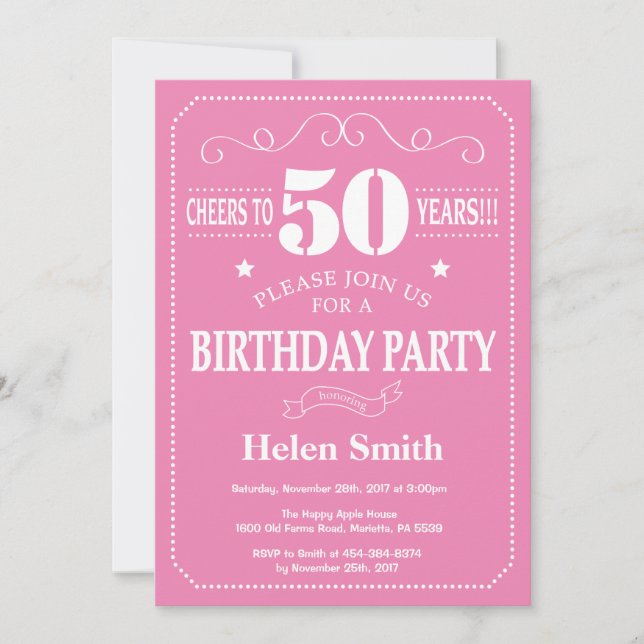 Convite de Aniversário de 50 anos Rosa e Branco (Frente)