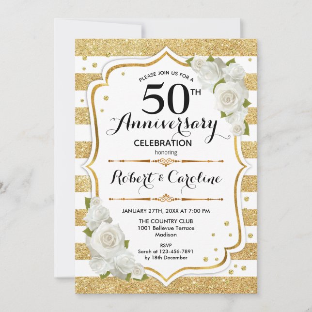 Convite de Aniversário de 50 anos - Rosas Brancas  (Frente)