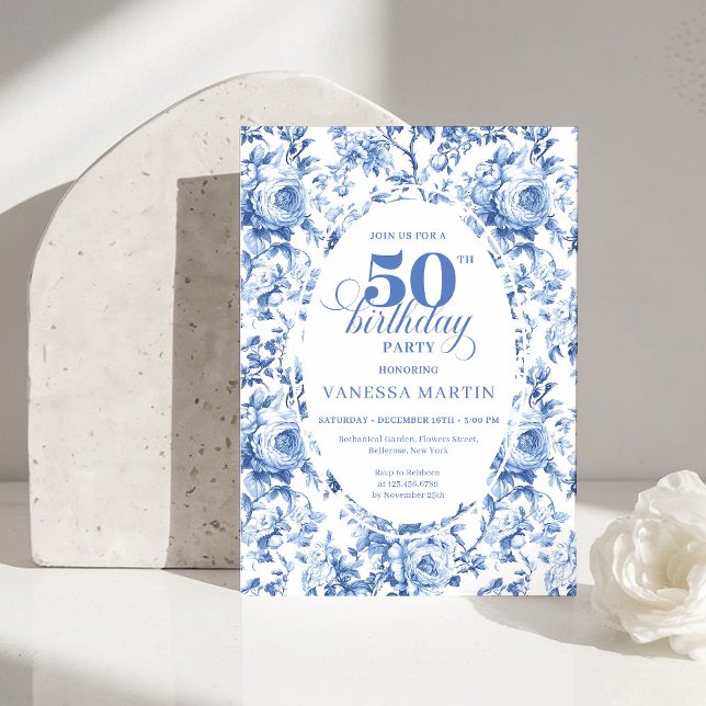 Convite de Aniversário de 50 anos Sofisticado Navy (Sophisticated Navy Toile Rose 50th Birthday Invite)