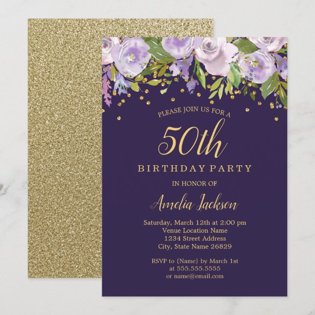 Convite de Aniversário de 50 anos Sparkle Floral P (Frente/Verso)