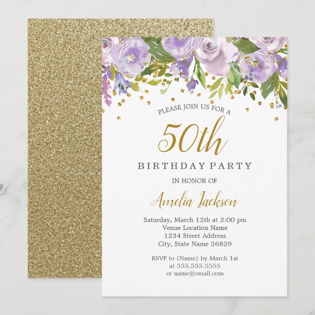 Convite de Aniversário de 50 anos Sparkle Floral R (Frente/Verso)
