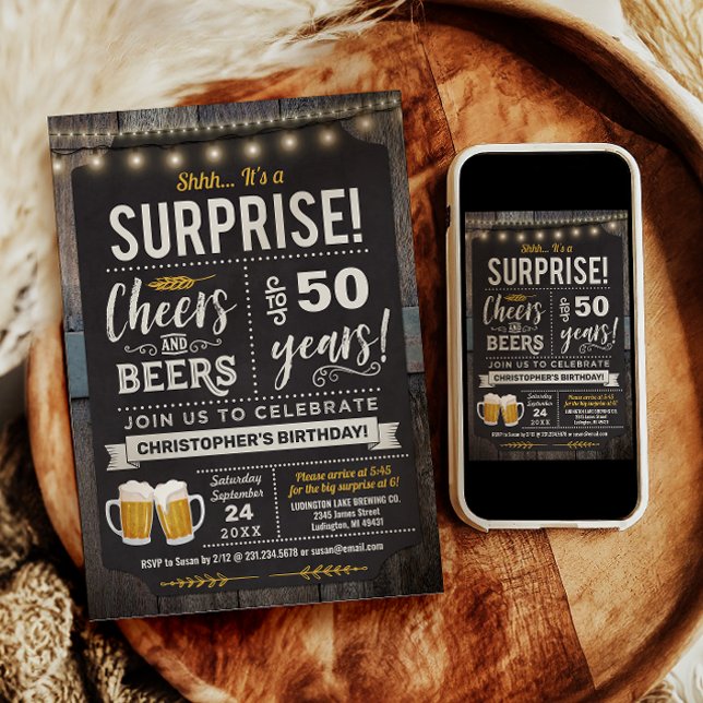 Convite de Aniversário de 50 anos Surpresa de Apla (Surprise Cheers and Beers 50th Birthday Invitation)