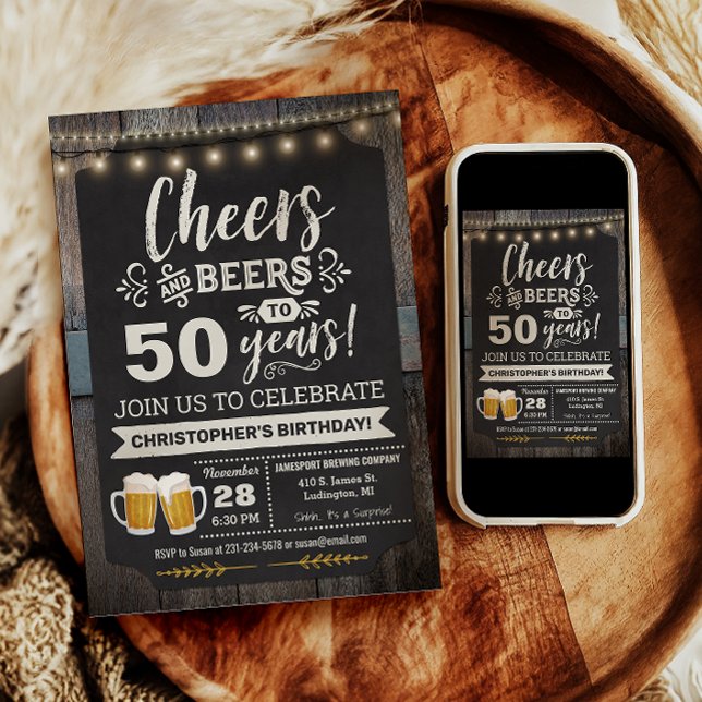 Convite de Aniversário de 50 anos Surpresa de Apla (Surprise Cheers and Beers 50th Birthday Invitation)