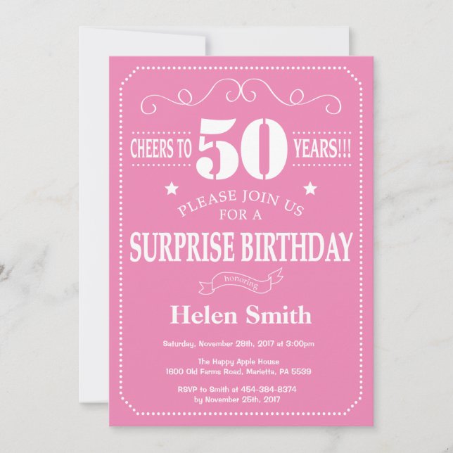 Convite de Aniversário de 50 anos Surpresa Rosa e  (Frente)