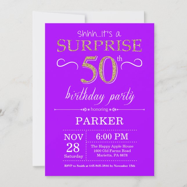 Convite de Aniversário de 50 anos Surpresa Roxo e  (Frente)