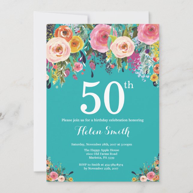 Convite de Aniversário de 50 anos Teal Floral (Frente)