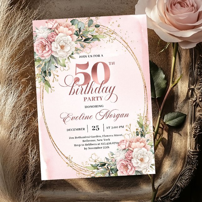 Convite de Aniversário de 50 anos Timeless Rose Go (Timeless Rose Gold Blush 50th Birthday Invitation)