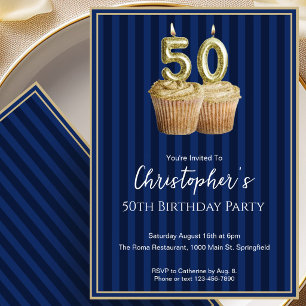 Convite de Aniversário de 50 anos Único Azul Doura