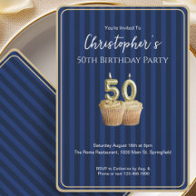 Convite de Aniversário de 50 anos Único Azul Doura