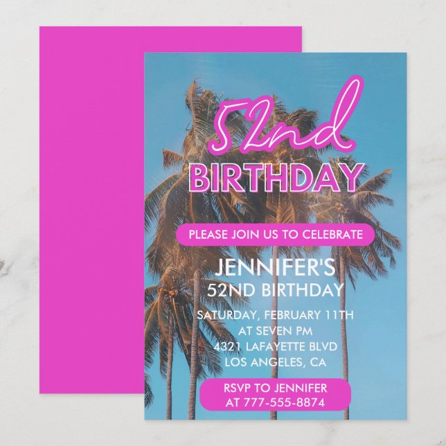 convite de aniversário de 52 anos Summer Pink Palm (Frente/Verso)
