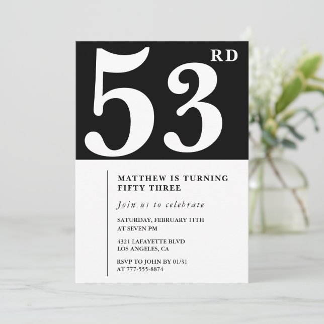 Convite de aniversário de 53 anos preto Elegante C (Em pé/Frente)