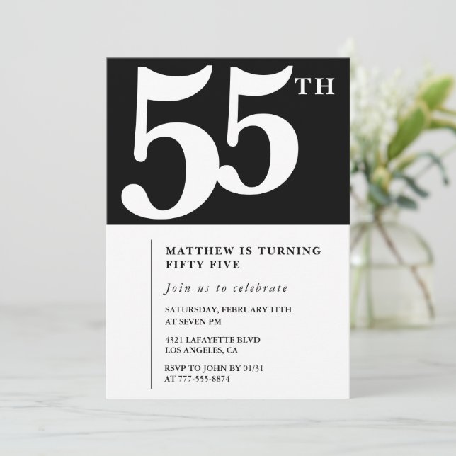 Convite de aniversário de 55 anos preto Elegante C (Em pé/Frente)