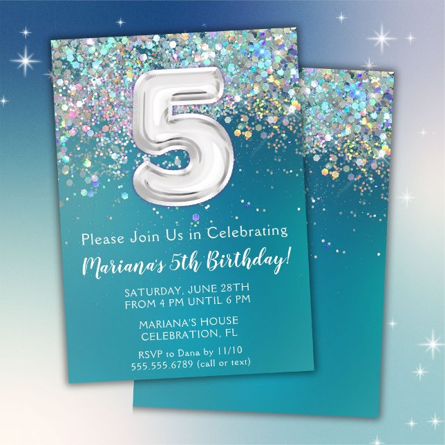 Convite de Aniversário de 5 anos Brilho Teal Prata (Criador carregado)