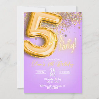 Convite de Aniversário de 5 anos com Brilho Roxo