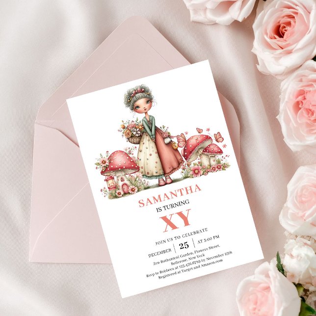 Convite de Aniversário de 5 Anos da Querida Fada C (Darling Fairy 5th Birthday Pink Mushroom Invitation)