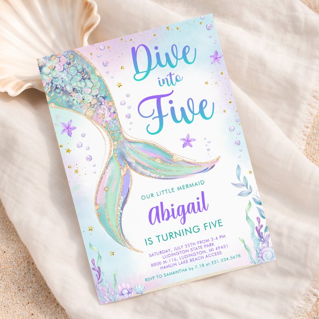 Convite de Aniversário de 5 anos da Sereia (Dive into Five - Mermaid 5th Birthday Party Invite - Girls  Pastel Mermaid Tail Invite)