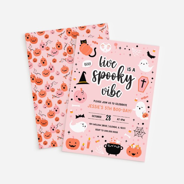 Convite de Aniversário de 5 anos de Halloween Rosa (Pink and Orange Halloween 5th Birthday Invitation )