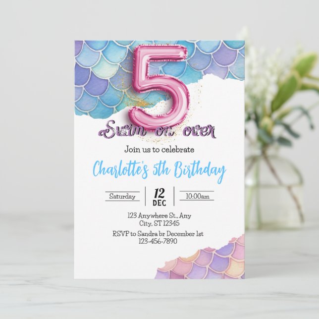 Convite de Aniversário de 5 anos de Sereia (Em pé/Frente)