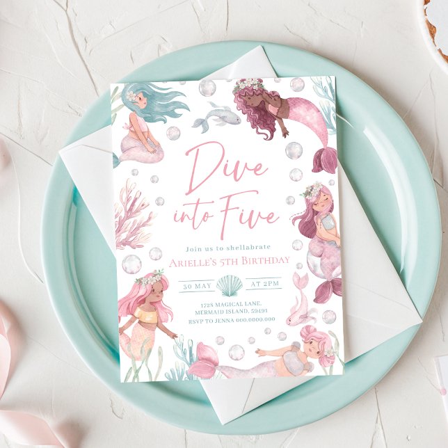 Convite de Aniversário de 5 Anos de Sereia para Im (Watercolor Mermaid 5th Birthday Invitation)